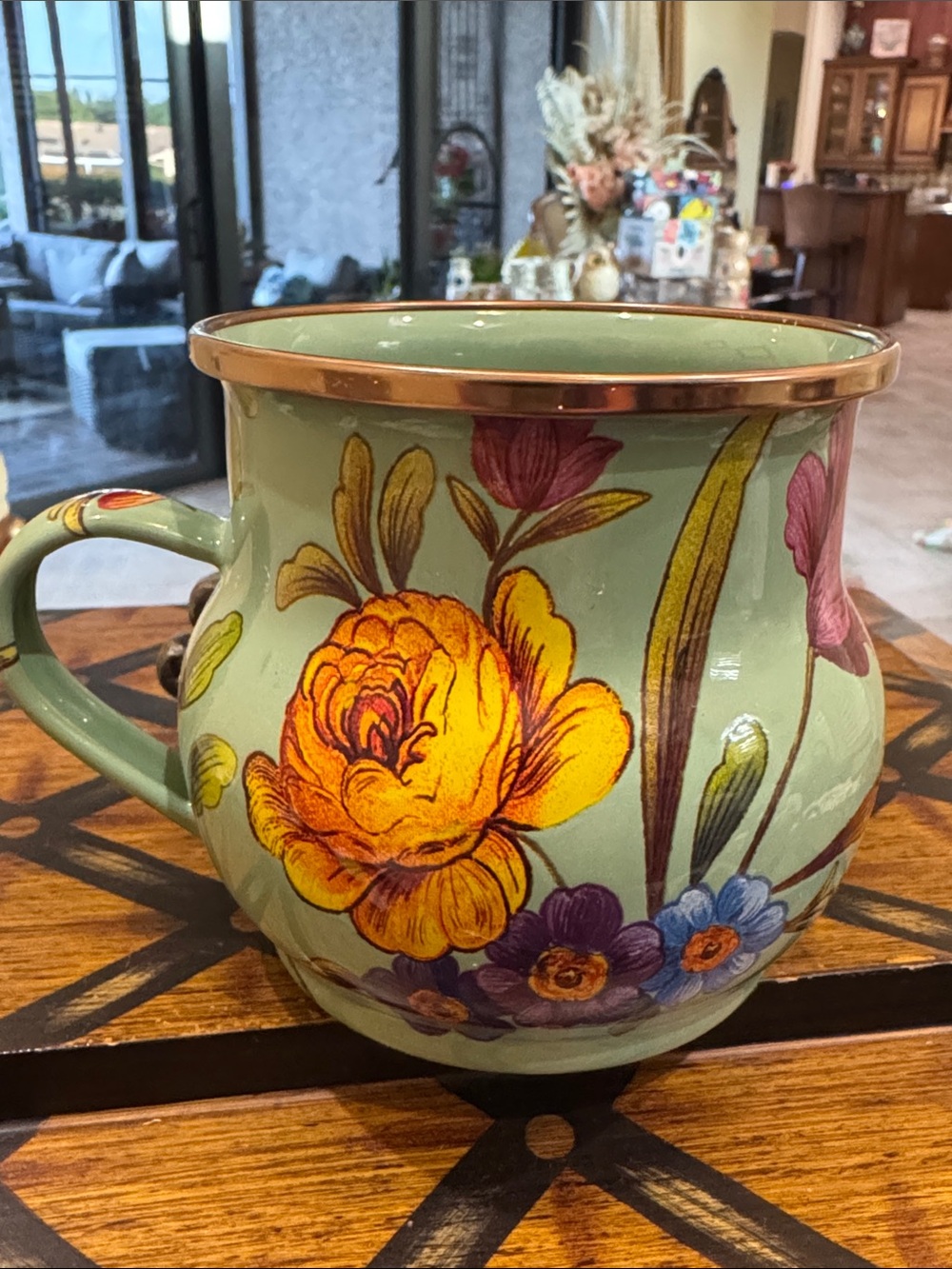 MacKenzie-Childs Green Floral Mug with Gold Rim